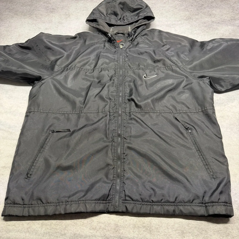 Vintage Nike Big Swoosh Retro Hooded Windbreaker Jacket Black Y2K Baggy Youth XL